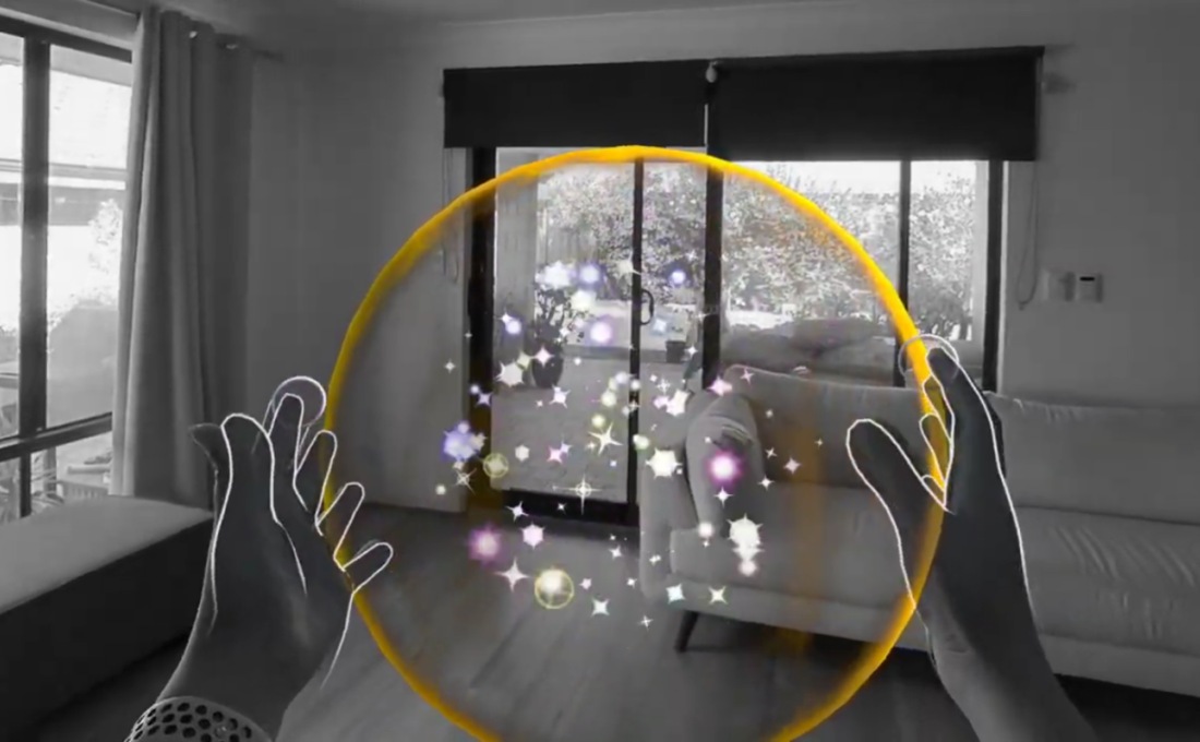 Mycelium mixed reality scene with a glowing spore cloud in a room