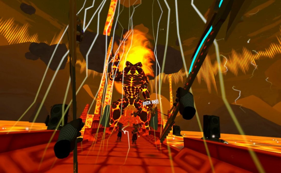 God Of Riffs VR gameplay scene with a large demon and lightning effects