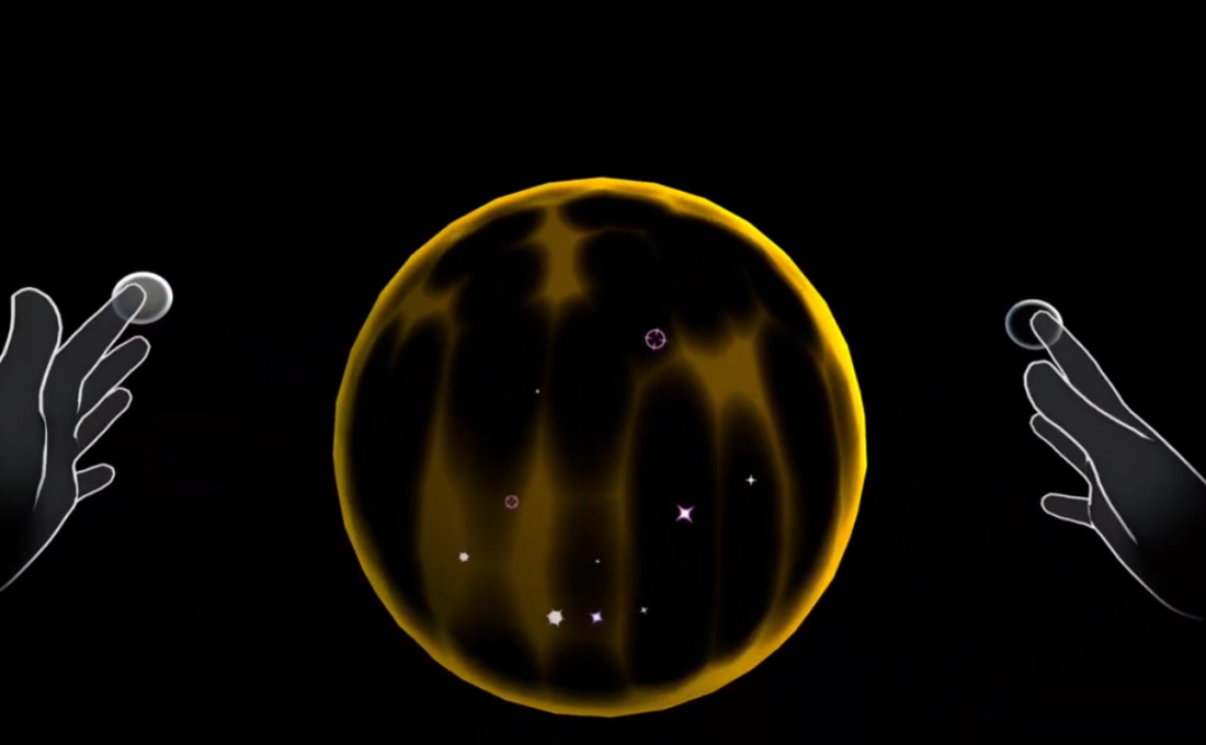 Mycelium hand centering screen with hands around a glowing sphere