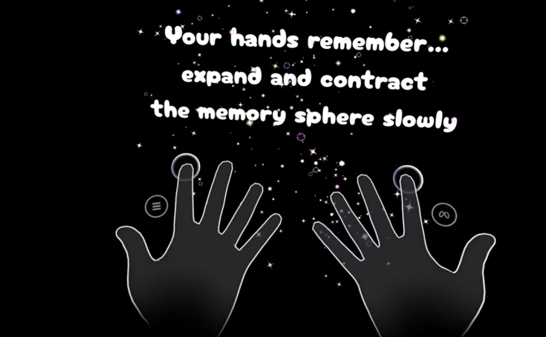 Mycelium hand tracking instruction screen showing hands expanding and contracting a memory sphere