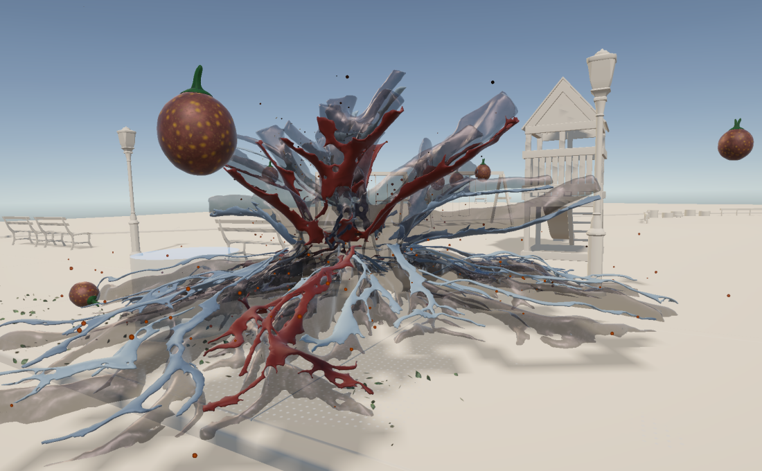 Unity scene showing an abstract tree and floating fruit elements for ARia Song Unseen