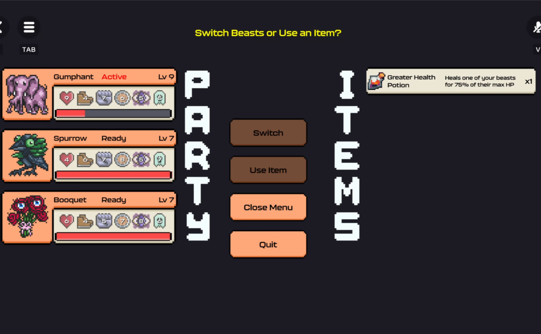 Swipe Beasts party and item menu showing beasts, stats, switch and item options